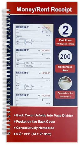 Money and Rent Receipt Book 2-Part Carbonless 5-1/2 x 11 Spiral Bound 200 Sets per Book 4 Receipts per Page, Receipt Book with Carbon Copies(1-Pack)