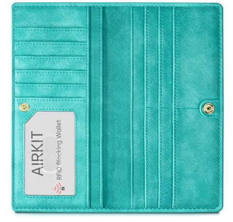 Airkit Slim Women's Wallet, Thin RFID Blocking Wallet for Ladies, Minimalist Credit Card Holder with Zipper Pocket, Glossy Cyan