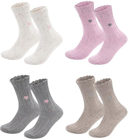 Beaulov 4 par kvinnor merinoull strumpor nya strumpor roliga blommor manschett broderad och prickande söt strumpa för vinter vardaglig termisk ullstrumpa nyhet flickor present, Kaffe+grå+vit+rosa, one