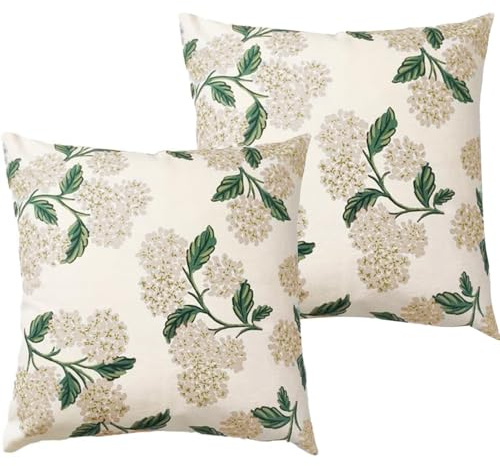 XFSRG Lot de 2 Housse de Coussin 45x45 cm en Lin Motif Hortensia Floral Décor Naturel et Élégant pour Canapé Salon Chambre Coussin d’Extérieur (Rose pâle)