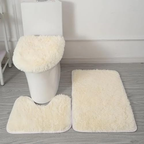 Generico Set di Tappeti da Bagno 3 Pezzi in Microfibra Morbida – Antiscivolo, Assorbente, Lavabile in Lavatrice, Tappetino Shaggy, Contorno WC e Copriasse (beige)
