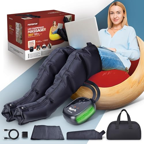 PORTENTUM Lymphdrainage gerät mit Akku – Bein Massagegerät und Bauch mit 8 Modi und 3 Intensitäten – Fernbedienung mit LCD-Display – USB-C – Mit Zubehör für Arme und Taille – Transporttasche inklusive