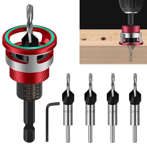 BIGP 4-tlg Kegelsenker Bohrer Set mit Tiefenanschlag | 1/4 Hex Schaft HSS-M2 | Für präzise Senkbohrungen in Holz (2,8/3,2/3,5/4,0 mm) | Inkl. Bit-Halter & Sechskantschlüssel (Rot)