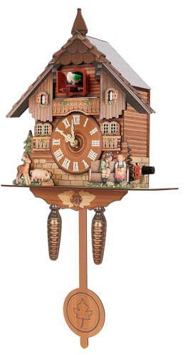 RjcdOPL Horloge à Coucou Murale avec Pendule, Pendules à Coucou en Bois Vintage, Carillon Horaire 7:00–21:00, Volume Réglable, Fonctionne sur Piles, Décor Maison Chalet pour Salon et Chambre