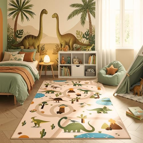HomebyHome Kinderteppich Dinosaurier Spielteppich für Kinderzimmer in Beige Dino Motiv mit Straßen Größe 140x200 cm für großzügige Spielflächen