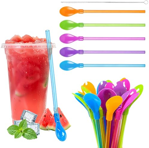 Klerbesh 25 Stück Strohhalm mit Löffel, 2 in 1 Trinkhalm Löffel PP Bunt Mehrfarbig, Löffelstrohhalme für Slush Eis, Cocktails, Smoothies, Milchshakes, Bubble Tea