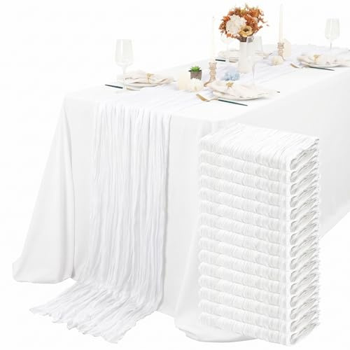 Teruntrue Käsetuch Tischläufer 15 Stück Weiß Seihtuch Tischläufer Transluzent Tüll Tischdecke 55x300cm, Rustikaler Gaze-Stoff für Hochzeitsfeier Brautparty Tischdekoration