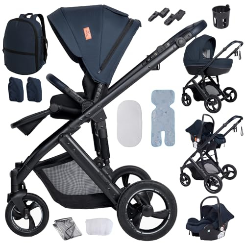 4-in-1 Kinderwagen mit verstellbarem Sitz, Reisesystem mit Liegefunktion und Wendefunktion, 3-teiliger One-Click-Klappkinderwagen, Buggy mit komplettem Zubehör, Doppelbremse vorne und hinten