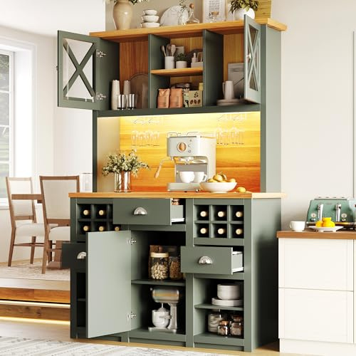 Xfholl Tall Kitchen Cabinets with Glass Doors and LED Lighting, Side Cabinet with Wine Rack and Adjustable Shelves, Modern Kitchen Unit for Dining Room, MDF, Antique Green