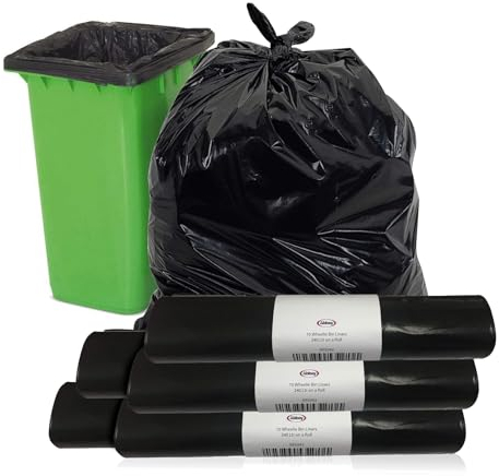 Abbey 50 Black Wheelie Bin Liners 240L Capacity – Refuse Sacks Heavy Duty Black Bin Bags for Outside and Garden Bin – Strong Garbage Bags for Rubbish On a Roll 30 Inch x 46 Inch Wide x 54 Inch Long