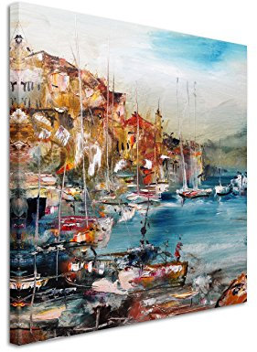 Paul Sinus Art Quadratische Fotoleinwand 90x90cm Ölgemälde – Küste der Insel Lesbos, Griechenland auf Leinwand exklusives Wandbild moderne Fotografie für ihre Wand in vielen Größen
