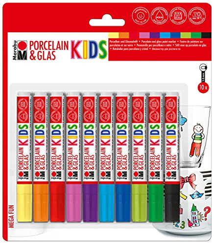 Marabu 0125000000084 - Porcelain & Glas Painter Kids, Set Mega Fun mit 10 Farben, Porzellan- und Glasmalstift für Kinder, kinderleichtes Malen, spülmaschinenfest nach Einbrennen, Spitze 1 - 3 mm