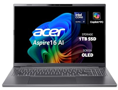 Acer Aspire 16 AI Copilot+ PC A16-52M, Ordenador Portátil 16 WUXGA OLED (Intel Core Ultra 9 288V, 32 GB RAM, 1024 GB SSD, Intel ARC Graphics, Windows 11 Home), Gris, Teclado QWERTY Español