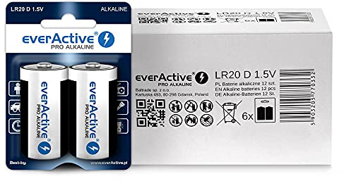 everActive D Batterien 12er Pack, Pro Alkaline, Mono LR20 R20 1.5V, höchster Leistung, 10 Jahre Haltbarkeit, 12 Stück – 6 Blisterkarten