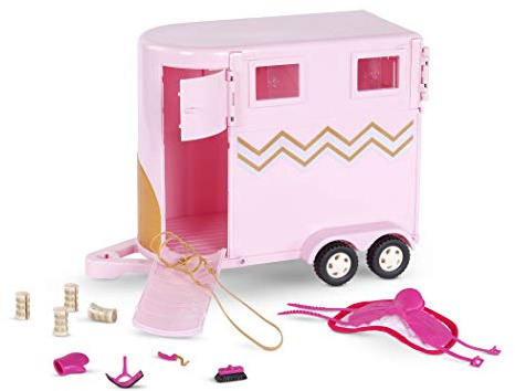 Lori Hoofing It Pferdeanhänger, rosa Spielset mit Pferdezubehör | 12-teiliges Set mit Pferdeanhänger, Sattel, Pferdedecke, Zaumzeug und Pflegezubehör für Rollenspiele, 3+ Jahre