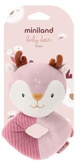 Miniland Peluche bebé sonajero para neonato suave de tela rosa | Ciervo