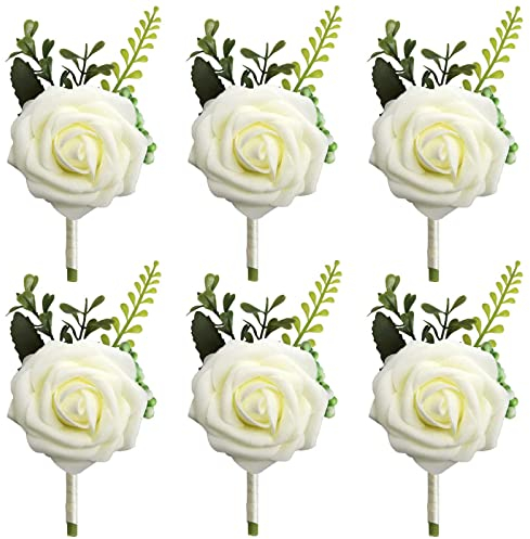 6 Stück Hochzeit Braut Blumen Anstecker, Rose Blumen Anstecker, Hochzeitsanstecker der Männer, Hochzeitsbrosche, Hochzeit Rose Blumen Anstecker, für Party Prom Männer Anzug Dekoration (Weiß)