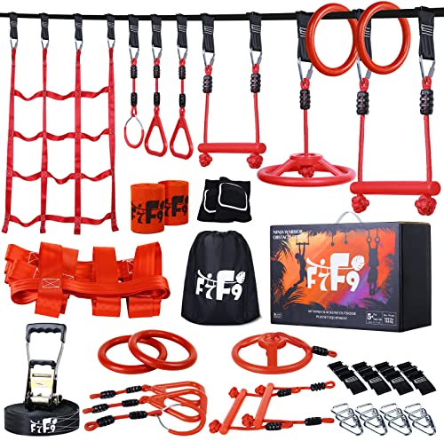 Ninja Warrior Slackline Set für Kinder, 15M Ninja Line mit komplettem und Sicherheit Zubehör