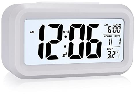Digital Alarm Clock, LCD Bedside Clock with Temperature, Date Time, Snooze, 12/24Hr, Silent Alarm Clocks Non Ticking Digital Clock with Large Display for Bedroom Travel Office, Battery Powered (White)