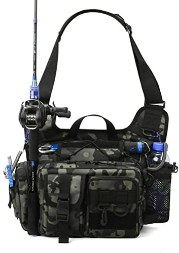 Borsa per attrezzatura da pesca con imbracatura, pacchetto portaoggetti per attrezzatura da pesca con portacanna da pesca Borsa a tracolla a tracolla per pesca all'aperto Escursionismo