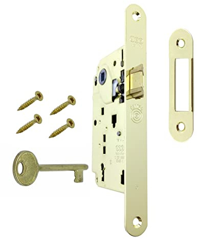 Serratura Porta Interna AGB Serie CENTRO. Entrata 50, Interasse 90. (Fronte 22x196, SCROCCO CHIAVE, OTTONE Lucido)