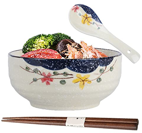 TuYines Bol à Ramen Japonais,Bol Japonais avec Cuillère et Baguettes,Bol Ramen en Porcelaine,Bol de Nouilles Instantanées,Bols à Soupe,Vaisselle Japonaise,pour Pâtes,Salade,l'Udon (Style B)