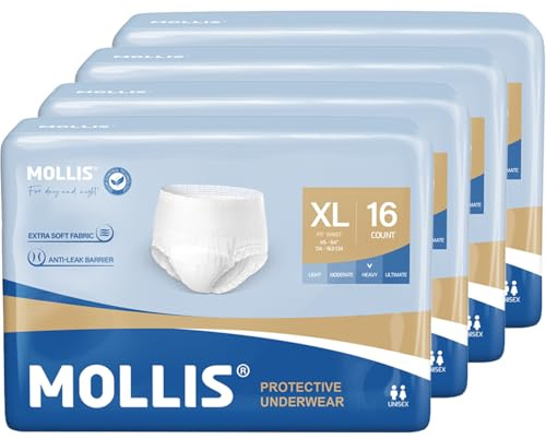 MOLLIS Inkontinenz Pants Erwachsene, Saugfähige Windelhosen für Männer und Frauen, Atmungsaktive Einweghosen, Optimaler Auslaufschutz über Nacht, Unisex, Größe XL, 64 Stück