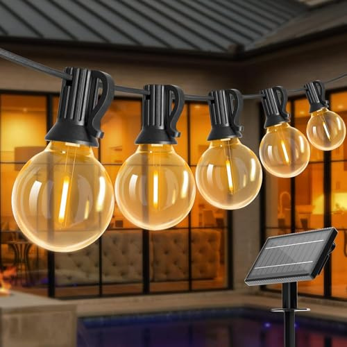 Bomcosy Ljusslingor utomhus solceller, 30 m utomhus solcellslampor med 50 + 2 glödlampa, ljusslinga vattentät perefkt för fest, bröllop, trädgård, innergård, kafé