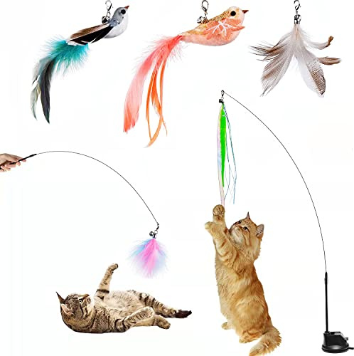 HLXJR Interaktives Katzenspielzeug mit Saugnapf | Fliegender Vogel & Stabile Katzenangel | Selbstbeschäftigung Spielzeug für Indoor-Katzen mit Federn und Glocken