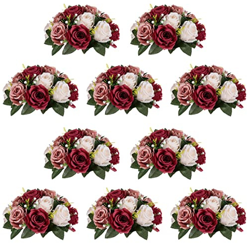 Nuptio Lot de 10 Fleurs artificielles pour Tables - Bordeaux, Roses poudrées et Blanc crème - 24 cm de diamètre - Arrangement de Roses artificielles en Soie pour décoration de fête de Mariage
