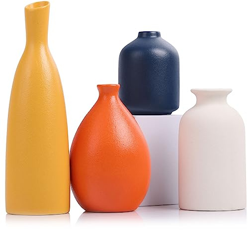 Bunte Keramikvasen, 4er-Set, moderne gelbe, orangefarbene und blaue kleine Vasen für Heimdekoration, ideal für Wohnzimmer, Küche, Büro, Badezimmer, Kaminsims, Eingang, Bauernhaus und