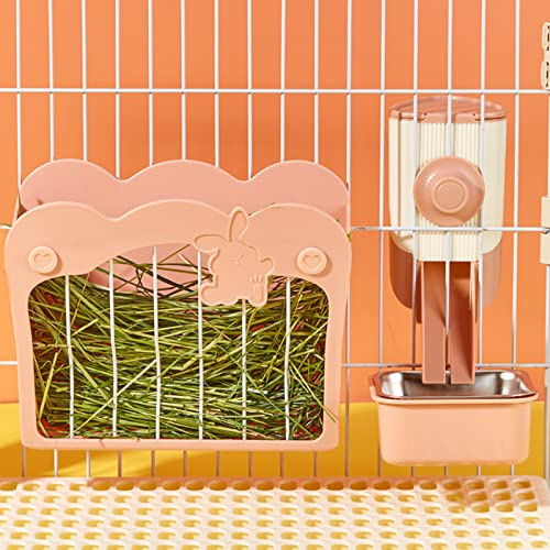 Porta Fieno Conigli, Set di alimentazione 3 in 1 con ciotola per cibo e imbuto sospeso per gabbia, Mangiatoia per Coniglio Cavia Cincillà Piccoli Animali (Rosa)