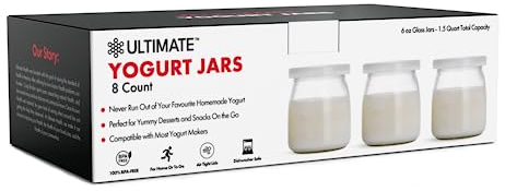 Ultimate Tarros de yogurt - ¡Haz más delicioso yogurt! 8 tazas pequeñas de vidrio para yogur con tapas, 100% libre de BPA, herméticos y aptos para lavavajillas. Recipientes perfectos para yogur, avena