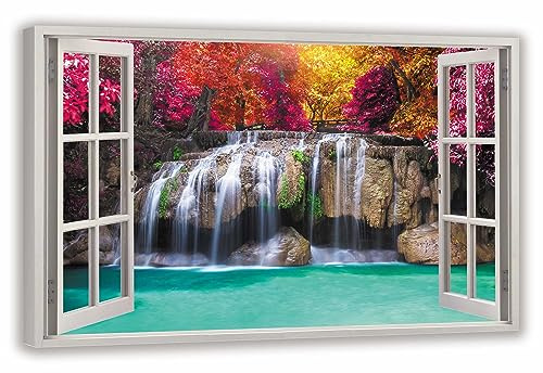 HUBDECO Leinwandbild Fensterblick Bunter Wasserfall Bild 70x50 cm - Landschaftsbilder auf Leinwand - Wandbilder Wohnzimmer - Bild Fenster mit Ausblick - Aesthetic Room Decor - Wanddeko Schlafzimmer