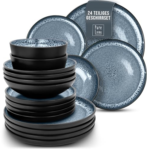 Pure Living Service de table en faïence pour 6 personnes, 24 pièces, vainqueur du test, ensemble de vaisselle en faïence méditerranéenne, bol et assiettes, service de table pour 6 personnes, set de