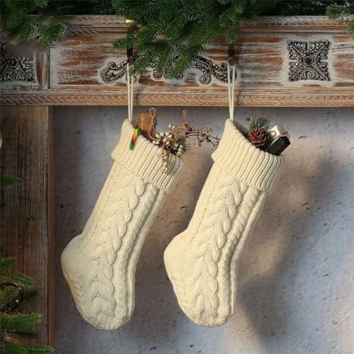 Hixingo Weihnachtsstrumpf Personalisiert 2er, Große Klassische Gestrickt Einfarbig Nikolausstrumpf, Weihnachtssocken zum Aufhängen und Befüllen Kamin Weihnachtsbaum Deko (Beige)