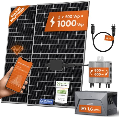 Solarway All In One Speicher Balkonkraftwerk 1000W komplett mit 1,6 kWh Anker Solix 2 PRO Speicher - Solaranlage Komplettset - 500W Solarmodule & Anker Speicher & Zubehör