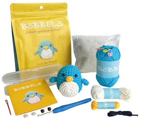 Die Bobbels“ Einsteiger Häkelset für Anfänger mit kinderleichtem Garn, Hilfsmitteln und Schritt-für-Schritt Videoanleitung (Pinguin)