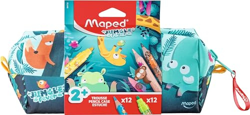 Maped Federmäppchen aus Stoff, waschbar, Motiv Jungle Fever Early Age für Kinder – mit Malwerkzeugen – 12 Buntstifte + 12 Filzstifte – ab 2 Jahren