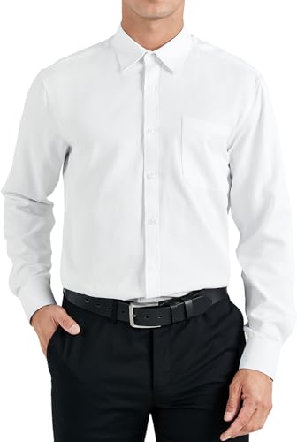 HISDERN Mens Shirts Long Sleeve Formal White Dress Shirt for Men Adult Smart Casual Regular Fit Easy Iron Business with Pocket XL