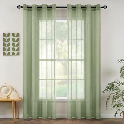 MIULEE Voile Vorhang mit Ösen transparent 140x225 cm 2er Set Salbeigrün | Transparente leichte Voile Gardine als Ösenschal für Wohnzimmer und Schlafzimmer, lichtdurchlässig, luftig, dekorativ