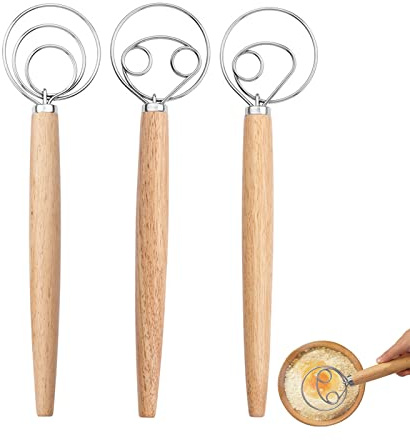 CZAYEFNH 3 pièces Fouet à Pâte, Fouet à pâte Danois, Mélangeur à Manche en Bois, Acier Inoxydable Mélangeur Pâte à Main, pour Pain, Pâtisserie, Pâte à Pizza (3 Tailles incluses)
