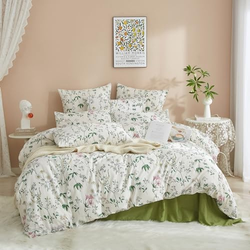 Luofanfei Renforce Bettwäsche Baumwolle 135x200 Grün Weiß Bunt Blumen Sommer Bettwäsche Set Pflanzen Frühling Blätter Floral Bettbezug Einzelbett und 1 Kissenbezug 80x80 cm Weich und Bügelfrei