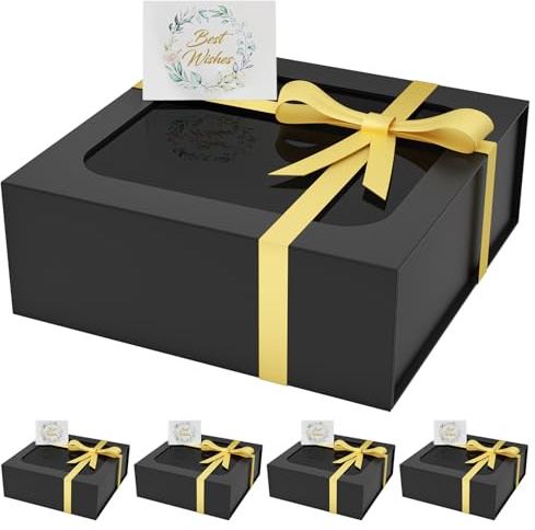 PSHVYM Geschenkbox mit Fenster, 19,1 x 19,1 x 7,6 cm, in schwarzer Geschenkbox für Geschenke, magnetische Deckel, zusammenklappbar, für Trauzeugen, Antragsbox, Geburtstag, Abschluss, Weihnachten,