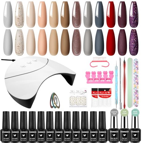 VANREESA 12 Colours Gel Nail Polish Set with U V Lamp Starter Kit Autumn Gel Nail Polish Set Fall Colours Brown Red Nude Dark Gels Nails Kit with Lamp Gifts for Women