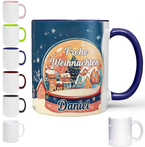 Sunnywall Tasse personalisiert mit Namen - Weihnachtstasse Frohe Weihnachten - Wintertasse Kaffeetasse als Geschenkidee mit Wintermotiv Schneekugel (Blau)