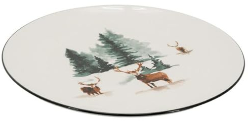 AUBRY GASPARD - Lot de 6 Assiettes en Porcelaine Blanche - Décor Cerf et Sapin - Ø 27 cm x H 2 cm - Style Fait Main - Compatibles Micro-ondes et Lave-vaisselle - Poids 5 kg
