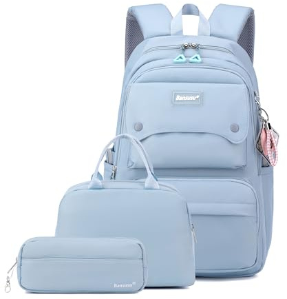 Set di 3 zaini per ragazze in tinta unita e borsa per il pranzo per bambini, borse scolastiche e libri, 3 pezzi - blu