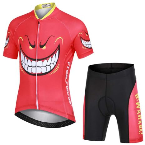 L PATTERN Kinder Radtrikot Set Jungen radsport anzüge (Fahrrad Trikot Kurzarm + Radhose) Mädchen Fahrradbekleidung Anzug mit Sitzpolster, Rot Monster, 134/140(Tag:L)