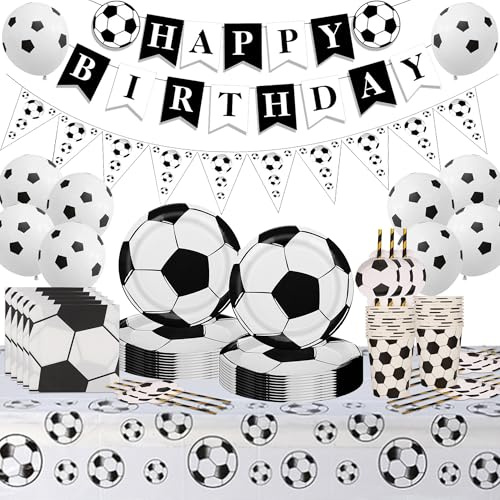 Fussball Geburtstag Deko Partygeschirr Set - Jungen Fußball Ballons Happy Birthday Banner, Kindergeburtstag Supplies mit Pappteller Becher Servietten Papierstrohhalme Tischdecke für 10 Gäste (Weißer)